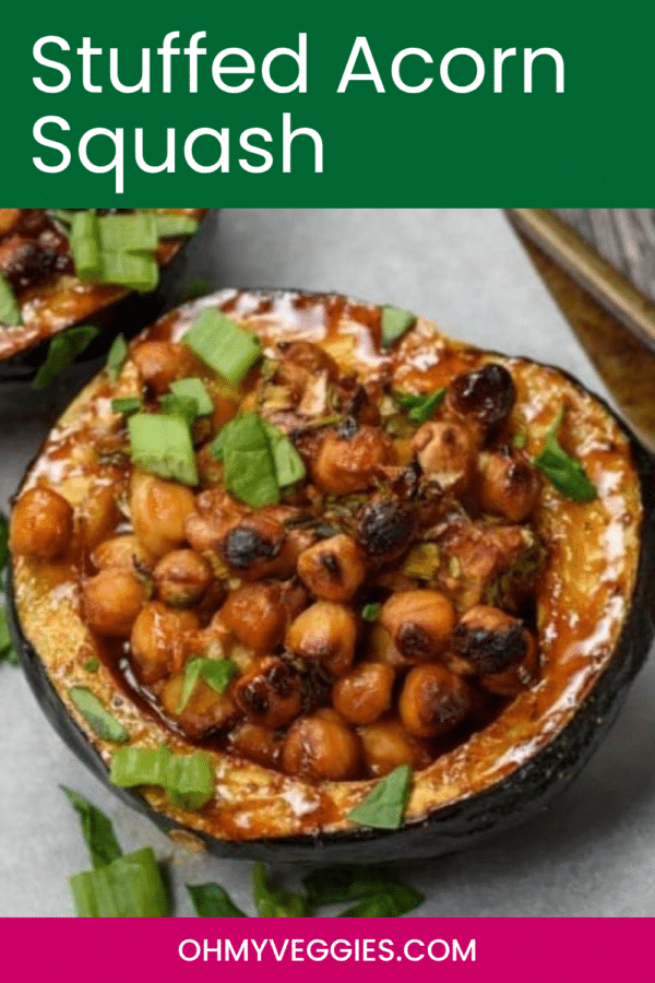 Stuffed acorn squash half filled with glazed chickpeas, Pinterest graphic