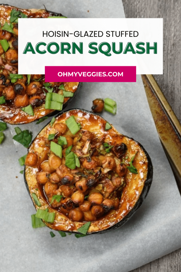 Hoisin-glazed stuffed acorn squash halves on a baking sheet, Pinterest graphic