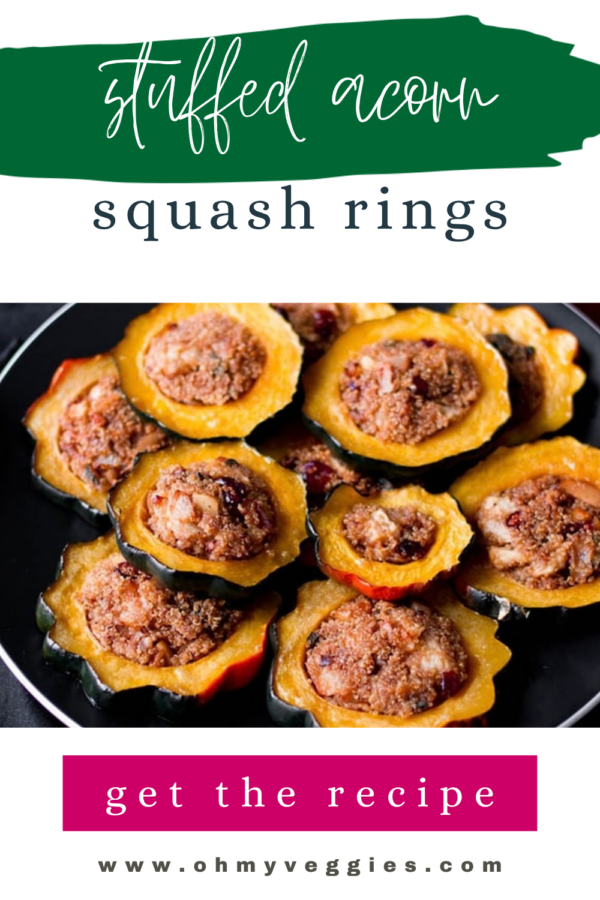 Stuffed acorn squash rings on a black plate with the text stuffed acorn squash rings, get the recipe