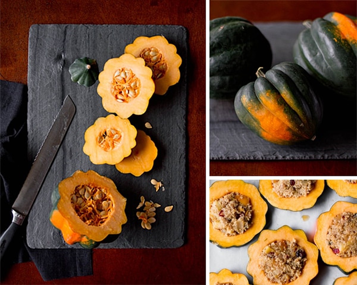 Acorn squash sliced into rings with the seeds scooped out, whole acorn squash, and filled rings ready to bake