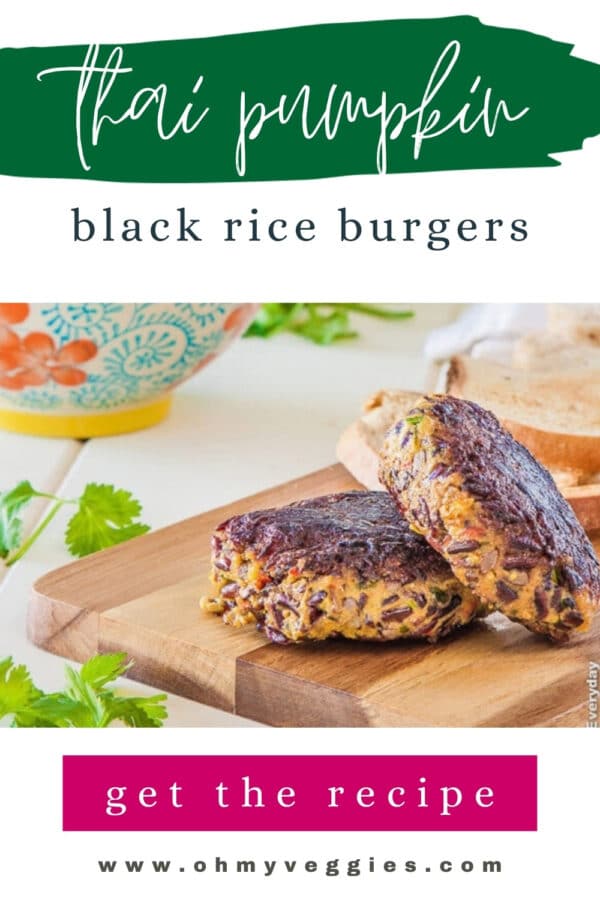 Thai pumpkin black rice burgers Pinterest graphic with patties on a wooden board