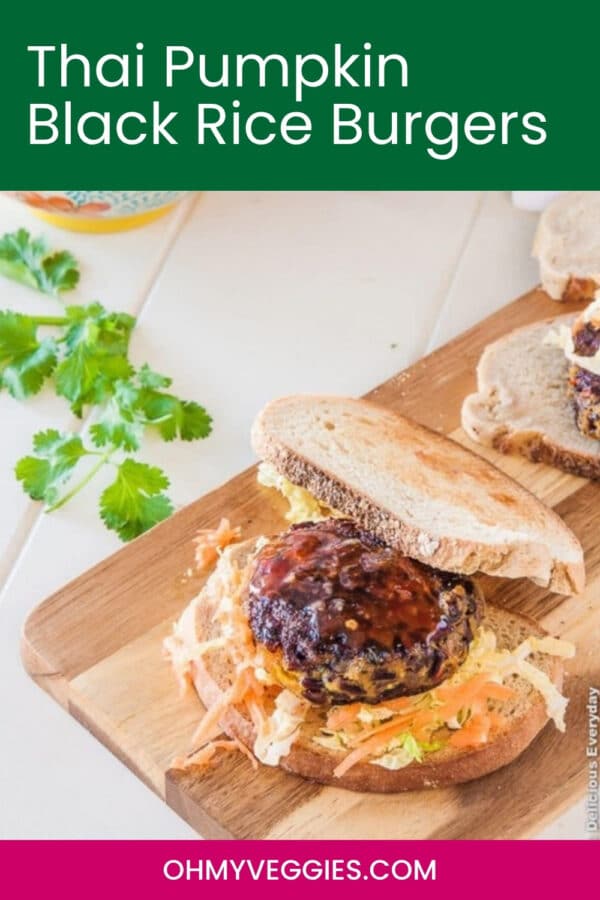 Thai pumpkin black rice burger on toasted bread with slaw, Pinterest graphic