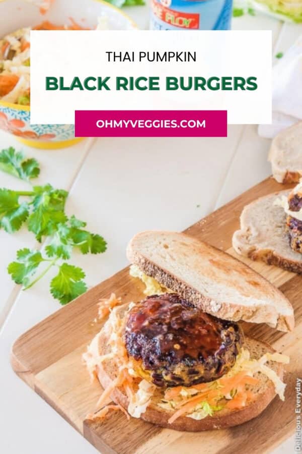 Vegan Thai pumpkin black rice burger with sweet chili sauce and slaw, Pinterest graphic