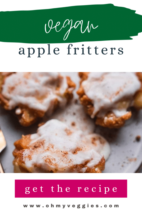 Vegan apple fritters with vanilla glaze on a gray plate, Pinterest graphic