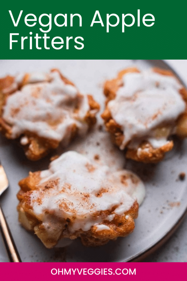 Vegan apple fritters topped with sugar glaze and cinnamon, Pinterest graphic