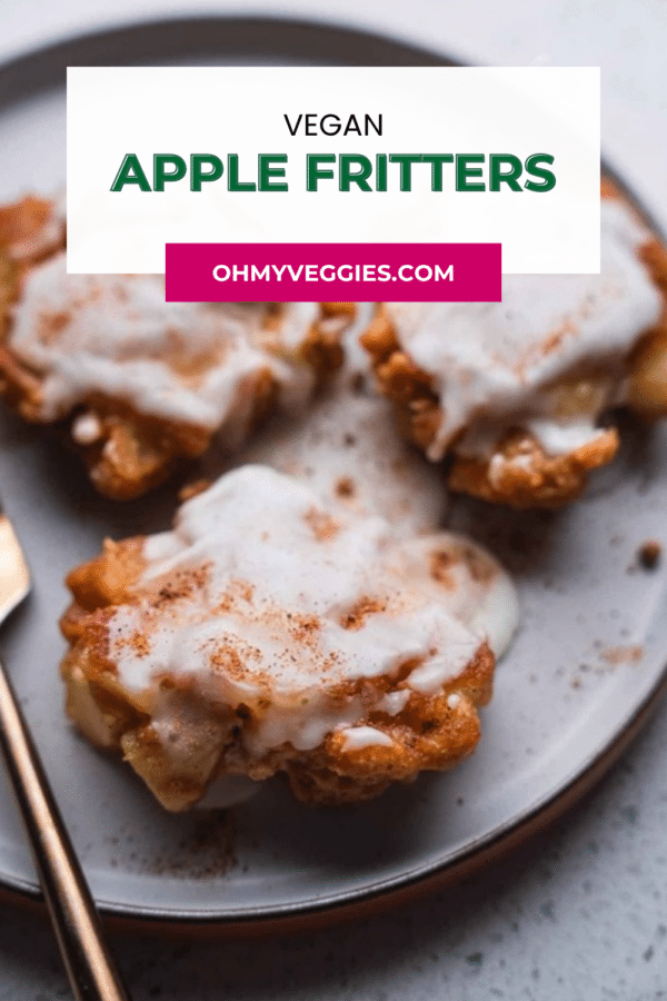 Glazed vegan apple fritters on a plate with a gold fork, Pinterest graphic
