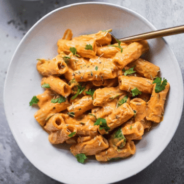 Vegan butternut squash pasta in a white bowl