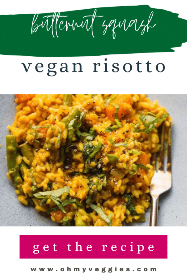Vegan butternut squash risotto Pinterest pin with a plate of creamy risotto