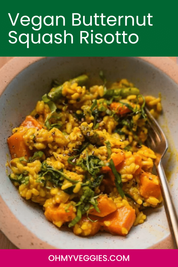 Vegan Butternut Squash Risotto pin showing a bowl of risotto with roasted squash and asparagus