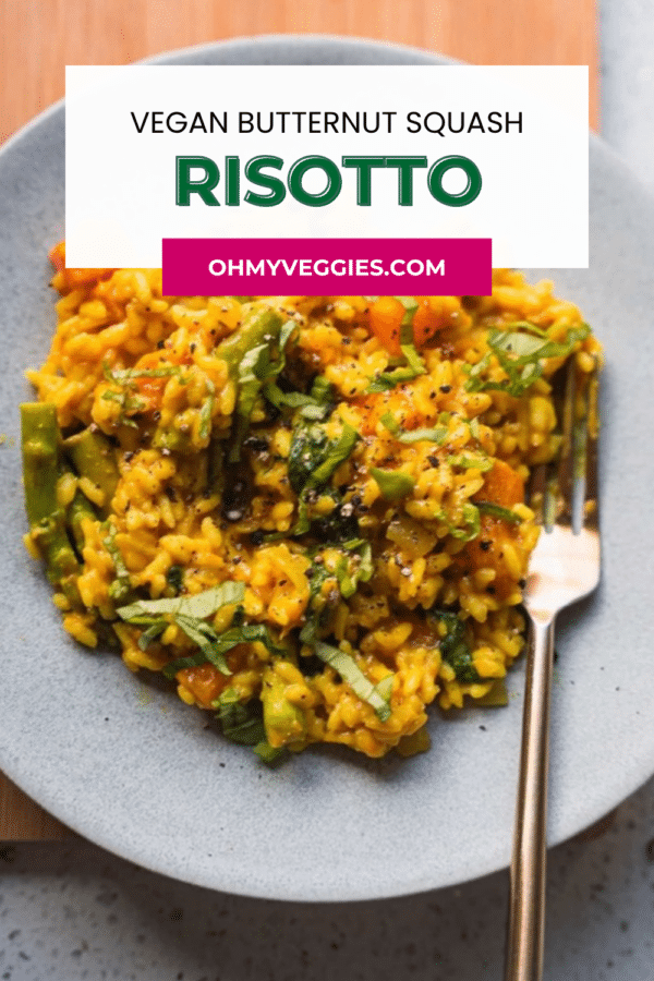Vegan butternut squash risotto pin with a plate of risotto and a gold fork