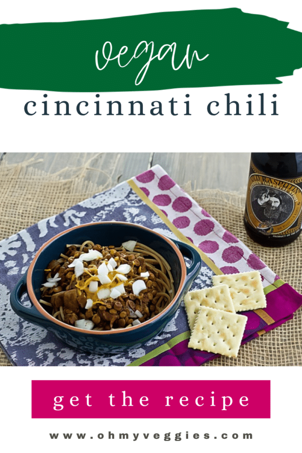 Vegan Cincinnati chili Pinterest graphic with a bowl of lentil chili over spaghetti and saltine crackers