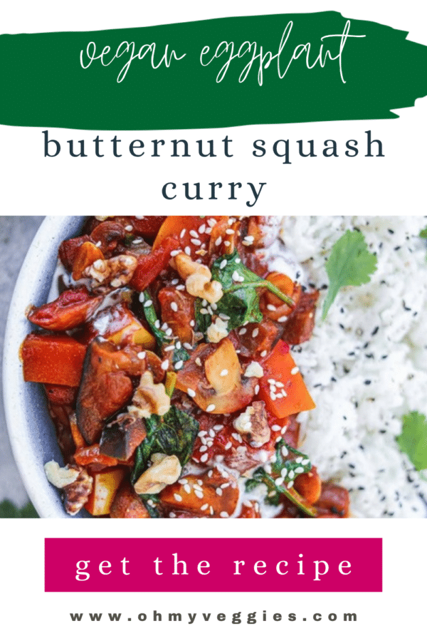 Vegan eggplant butternut squash curry Pinterest graphic with a bowl of curry and rice