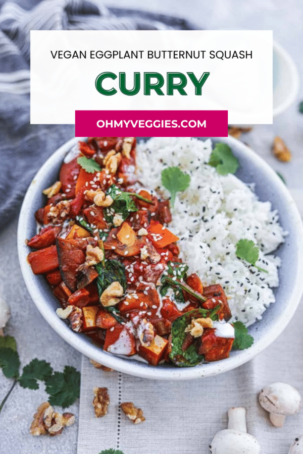 Vegan eggplant butternut squash curry pin showing a bowl of curry topped with walnuts and cilantro