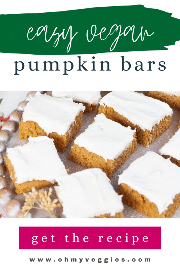 Easy vegan pumpkin bars Pinterest graphic with frosted pumpkin bar squares