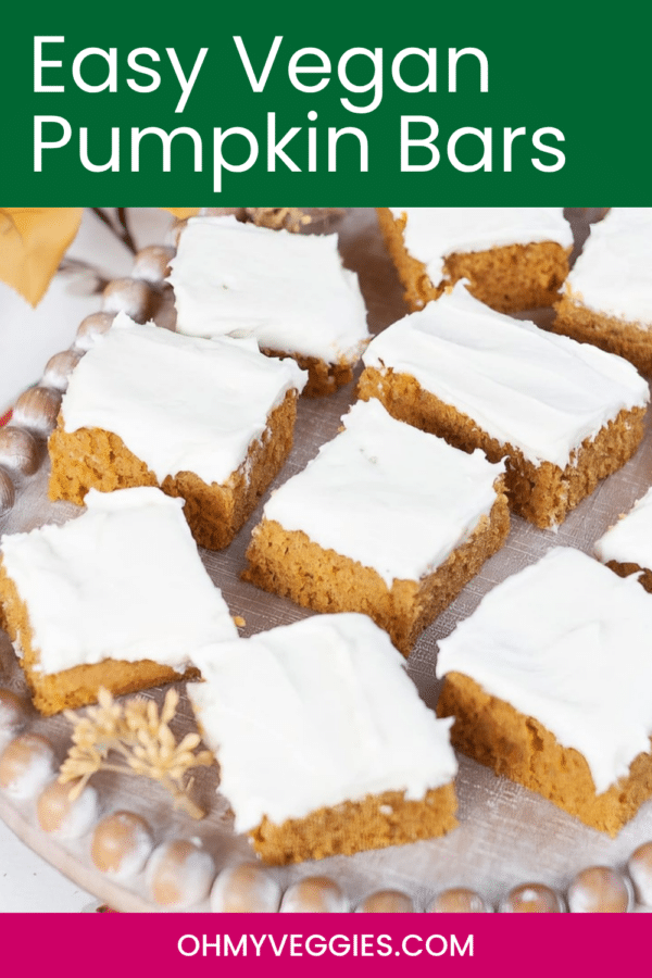 Easy Vegan Pumpkin Bars pin showing frosted pumpkin bars on a beaded tray