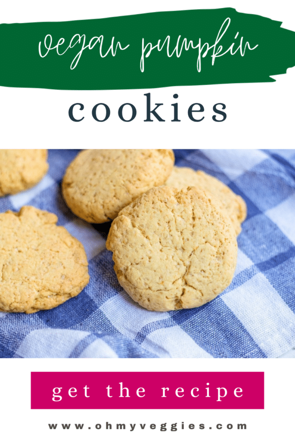 Vegan pumpkin cookies on a blue checkered napkin with text overlay