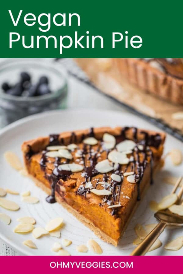 Vegan Pumpkin Pie recipe pin showing a slice on a white plate
