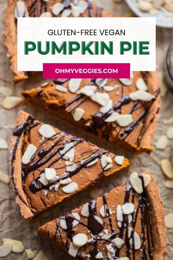Gluten-free vegan pumpkin pie slices with chocolate drizzle, Pinterest graphic