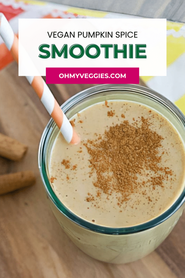 Vegan pumpkin spice smoothie Pinterest graphic with a glass of pumpkin breakfast shake