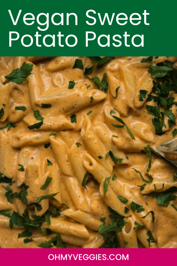 Vegan sweet potato pasta in a pan Pinterest graphic