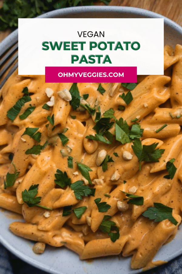 Vegan sweet potato pasta in a bowl Pinterest graphic