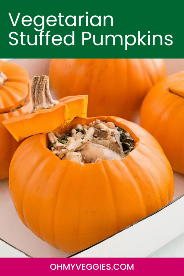 Vegetarian stuffed pumpkins in a baking dish Pinterest graphic