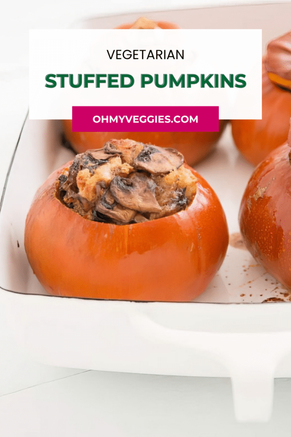 Vegetarian stuffed pumpkins with mushroom and bread filling Pinterest graphic