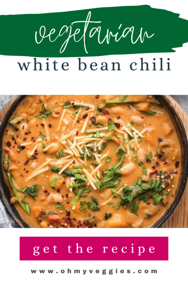 Vegetarian white bean chili Pinterest pin with a bowl of vegan chili