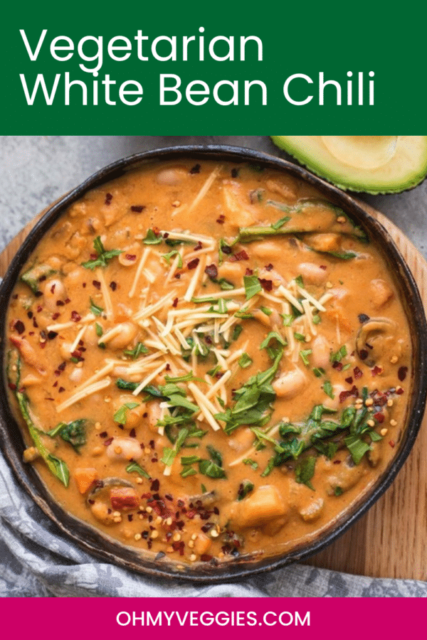 Vegetarian White Bean Chili pin showing a bowl of chili with avocado